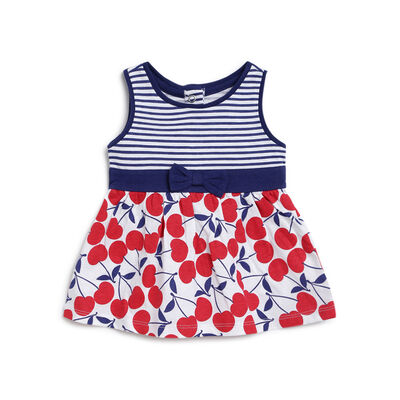 Girls White & Red Printed Sleeveless Dress